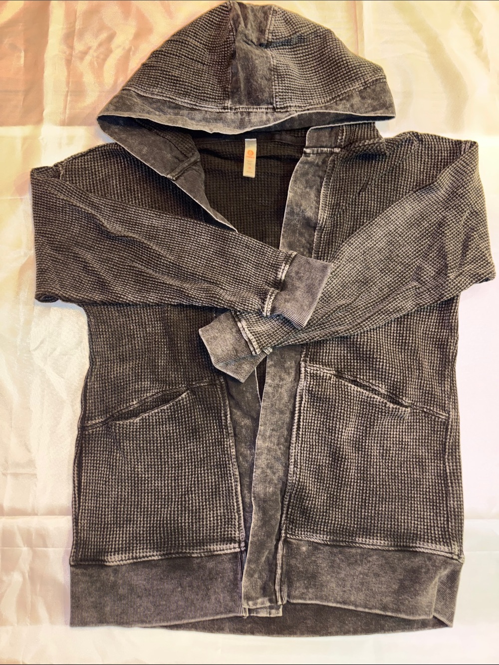 Mono B Washed Charcoal Hooded Waffle-Knit Top